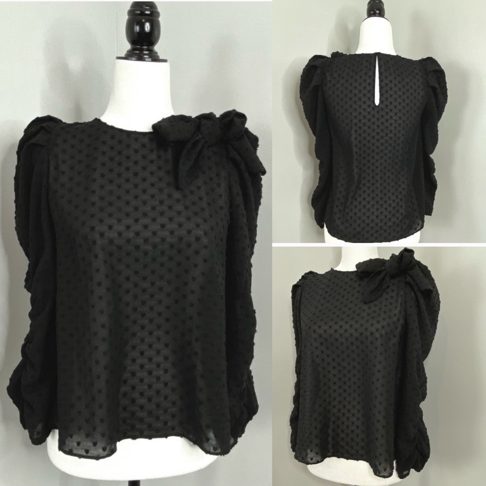 Zara Women’s Victorian Shoulder Tie Puff Sheer Blouse Black Swiss Dot Top XS